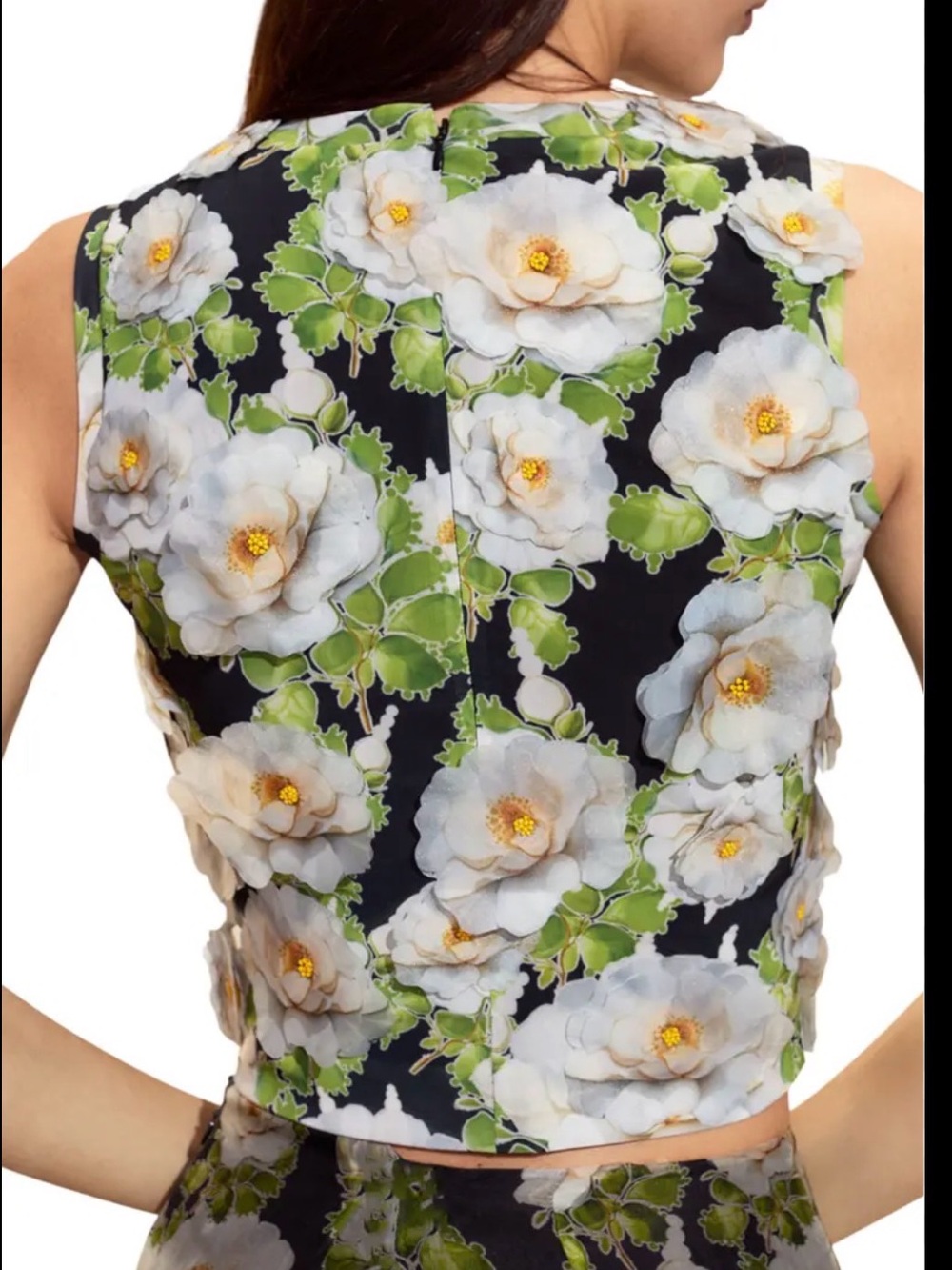 NWT $375 Cynthia Rowley Black 3D Floral Sleeveless Crop Top with White Blooms - Picture 2 of 6